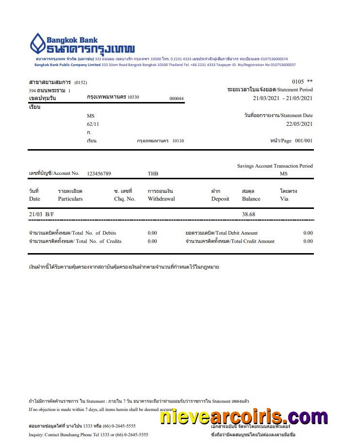 Thailand Bangkok Bank online banking transaction statement in Word and PDF format